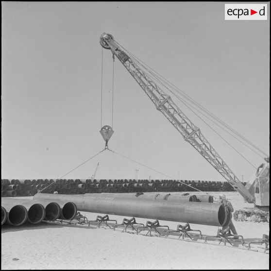Sahara. Diverses manœuvres des pipes-lines avant leur transport sur la piste.