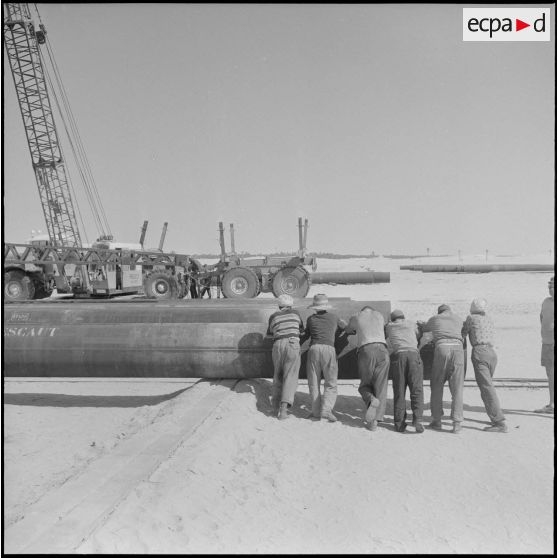 Sahara. Diverses manœuvres des pipe-lines avant leur transport sur la piste.