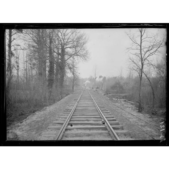 Région de Breuil-sur-Vesle, Marne, construction d'une voie ferrée dans le bois des Venteaux. [légende d'origine]