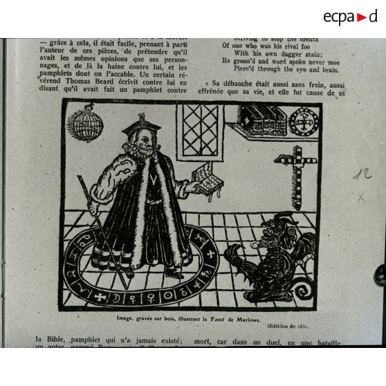 [Reproduction photographique d'un dossier de presse qui retrace l'histoire de William Shakespeare, du berceau à la tombe : "Story of William Shakespeare from the cradle to the grave" : "image, gravée sur bois, illustrant le "Faust" de Marlowe".]