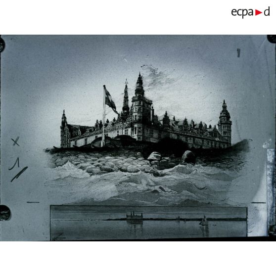 [Reproduction photographique d'un dossier de presse qui retrace l'histoire de William Shakespeare, du berceau à la tombe : "Story of William Shakespeare from the cradle to the grave" : vue d'un château.]