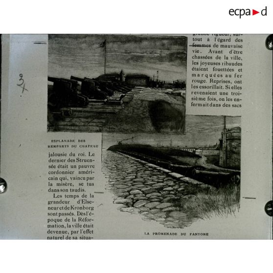 [Reproduction photographique d'un dossier de presse qui retrace l'histoire de William Shakespeare, du berceau à la tombe : "Story of William Shakespeare from the cradle to the grave" : esplanade des remparts d'un château.]