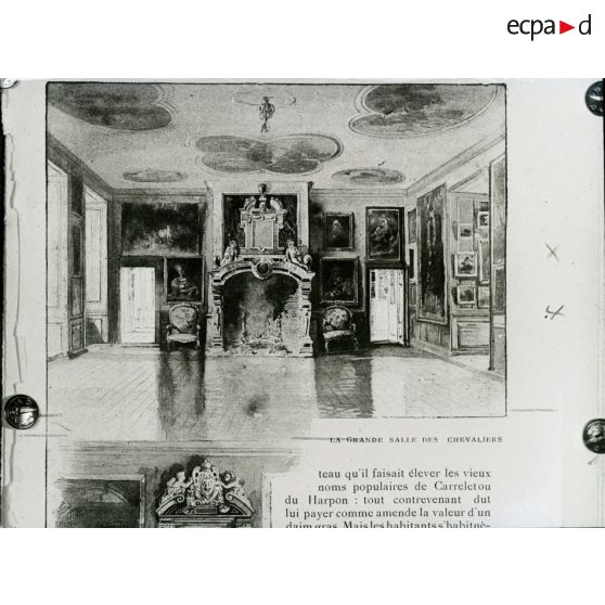 [Reproduction photographique d'un dossier de presse qui retrace l'histoire de William Shakespeare, du berceau à la tombe : "Story of William Shakespeare from the cradle to the grave" : "la grande salle des chevaliers".]