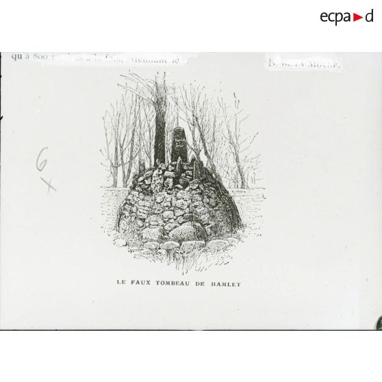 [Reproduction photographique d'un dossier de presse qui retrace l'histoire de William Shakespeare, du berceau à la tombe : "Story of William Shakespeare from the cradle to the grave" : "le faux tombeau de Hamlet".]