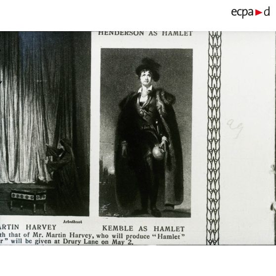 [Reproduction photographique d'un dossier de presse qui retrace l'histoire de William Shakespeare, du berceau à la tombe : "Story of William Shakespeare from the cradle to the grave" : portrait de John Philip Kemble (1757-1823) en tant qu'Hamlet.]