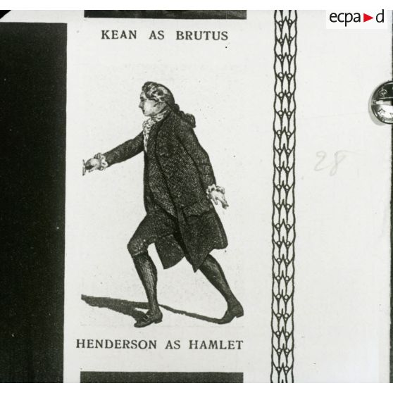[Reproduction photographique d'un dossier de presse qui retrace l'histoire de William Shakespeare, du berceau à la tombe : "Story of William Shakespeare from the cradle to the grave" : John Henderson en tant qu'Hamlet.]