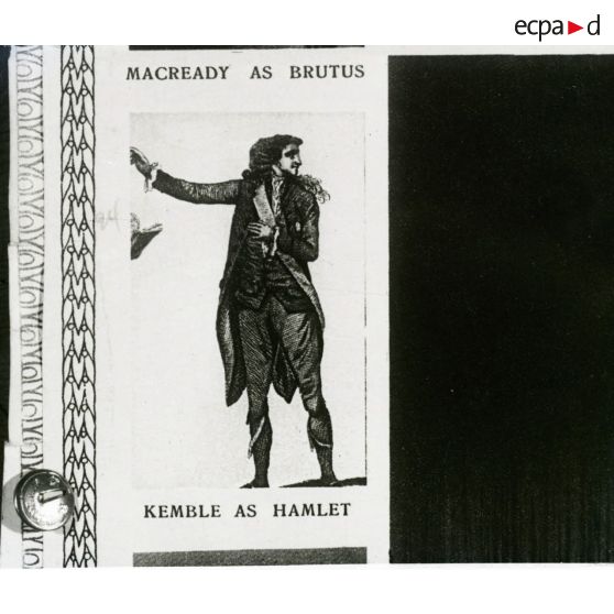[Reproduction photographique d'un dossier de presse qui retrace l'histoire de William Shakespeare, du berceau à la tombe : "Story of William Shakespeare from the cradle to the grave" : John Philip Kemble (1757-1823) en tant qu'Hamlet.]