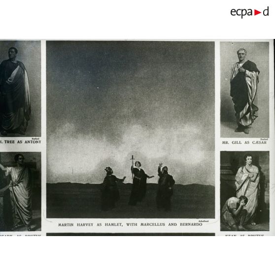 [Reproduction photographique d'un dossier de presse qui retrace l'histoire de William Shakespeare, du berceau à la tombe : "Story of William Shakespeare from the cradle to the grave" : Martin Harvey (1863-1944) en tant qu'Hamlet.]