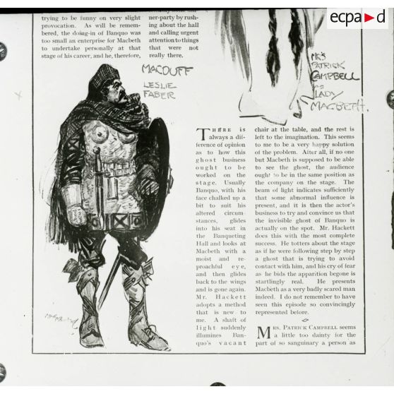 [Reproduction photographique d'un dossier de presse qui retrace l'histoire de William Shakespeare, du berceau à la tombe : "Story of William Shakespeare from the cradle to the grave" : un article de presse daté du 24 novembre 1920, qui rend compte de la pièce de théâtre Macbeth.]