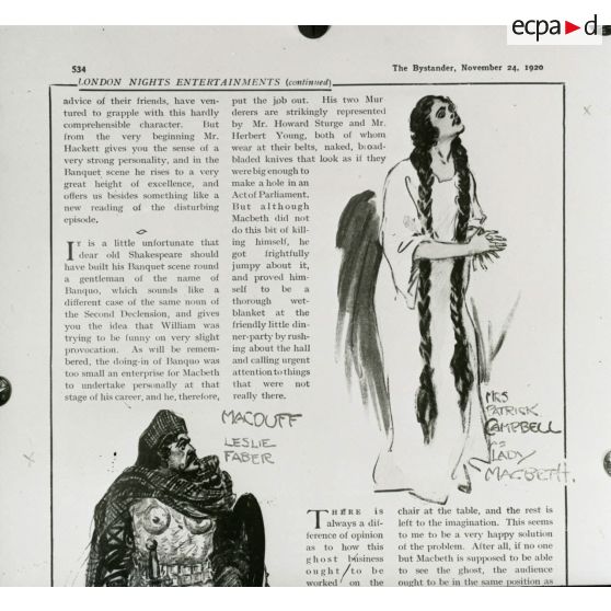 [Reproduction photographique d'un dossier de presse qui retrace l'histoire de William Shakespeare, du berceau à la tombe : "Story of William Shakespeare from the cradle to the grave" : un article de presse, daté du 24 novembre 1920, qui rend compte de la pièce de théâtre Macbeth.]