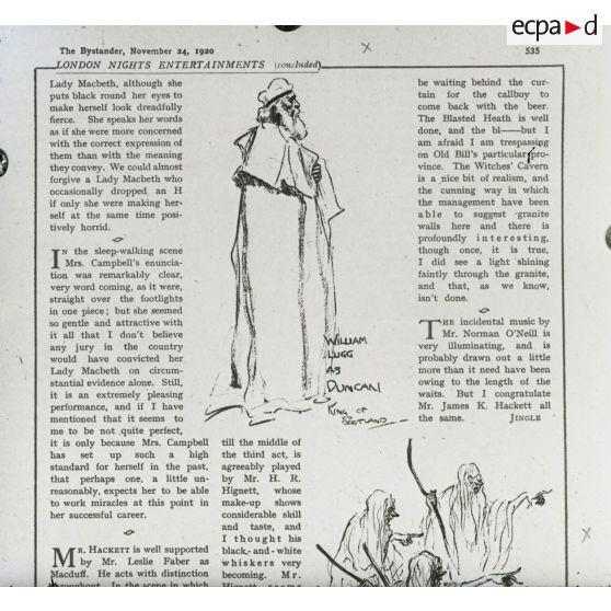 [Reproduction photographique d'un dossier de presse qui retrace l'histoire de William Shakespeare, du berceau à la tombe : "Story of William Shakespeare from the cradle to the grave" : un article de presse, daté du 24 novembre 1920, qui rend compte de la pièce de théâtre Macbeth.]