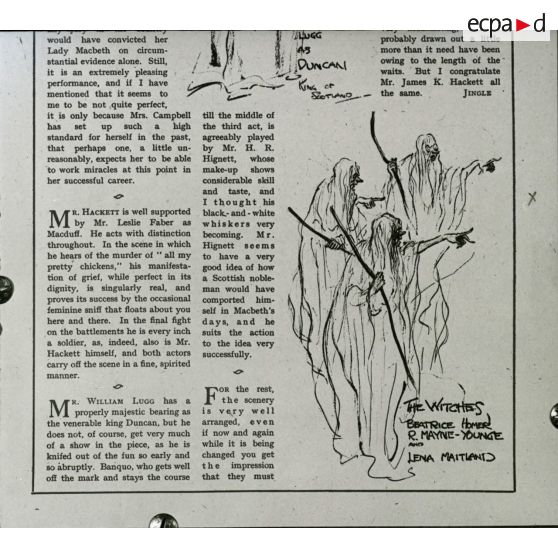 [Reproduction photographique d'un dossier de presse qui retrace l'histoire de William Shakespeare, du berceau à la tombe : "Story of William Shakespeare from the cradle to the grave" : un article de presse, daté du 24 novembre 1920, qui rend compte de la pièce de théâtre Macbeth.]