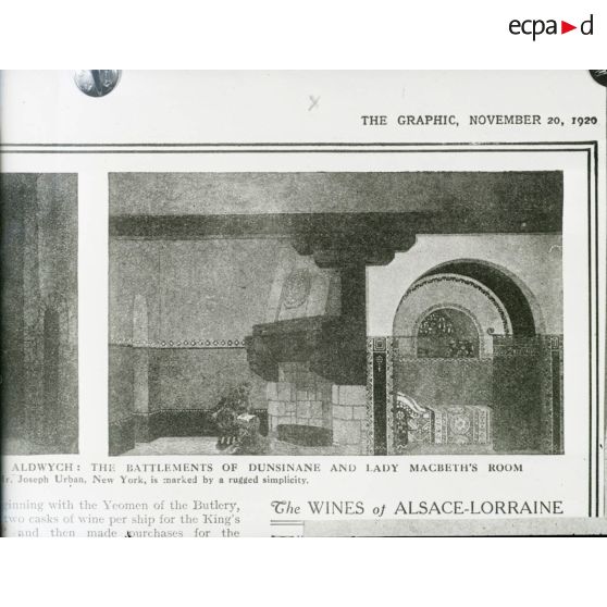 [Reproduction photographique d'un dossier de presse qui retrace l'histoire de William Shakespeare, du berceau à la tombe : "Story of William Shakespeare from the cradle to the grave" : un article de presse, daté du 20 novembre 1920 : les remparts de Dunsinane et la chambre de lady Macbeth.]