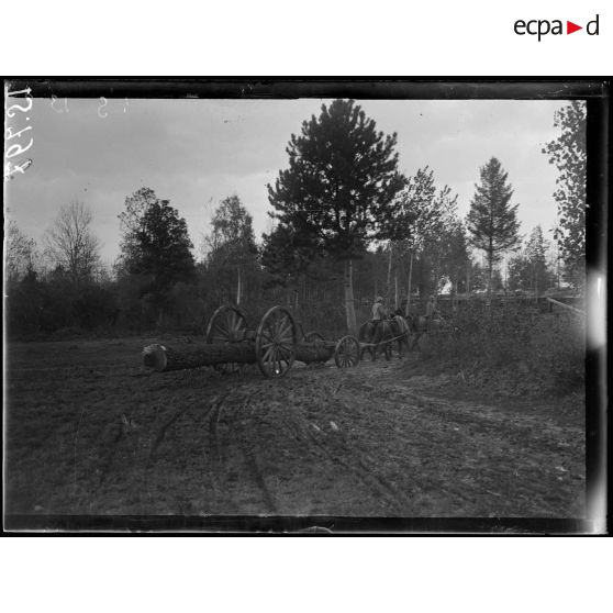 Route de Jonchery à Reims, Marne, scierie militaire. On amène un arbre à la scierie. [légende d'origine]