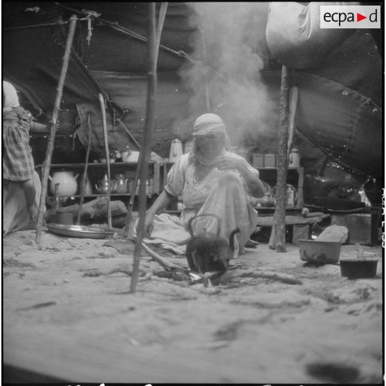 Mecheria. Portrait d'une femme nomade cuisinant dans une raïma (tente).