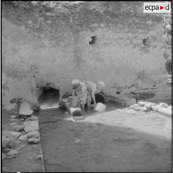 Les enfants, puisant de l'eau à la source.