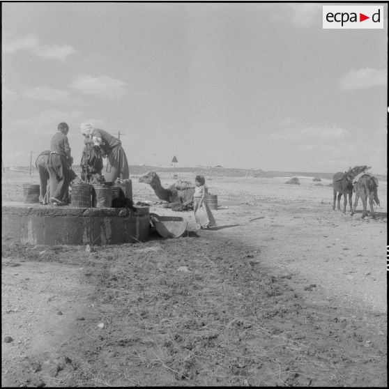 Une partie du remblai et des fellahs, s'approvisionnant en eau, dans les environs des travaux.