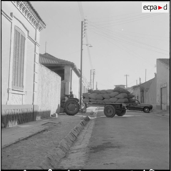 Les sacs de blé, rentrant à l'abri avant leurs expéditions vers les coopératives.