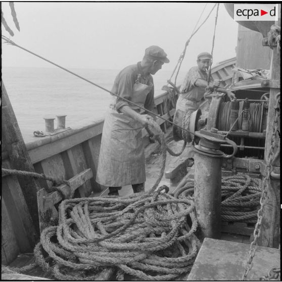 Sur un chalutier pendant la pêche, les marins s'apprêtent à relever le chalut.