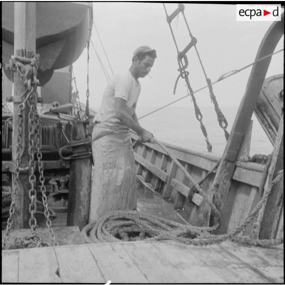Pêche en mer à bord d'un chalutier.