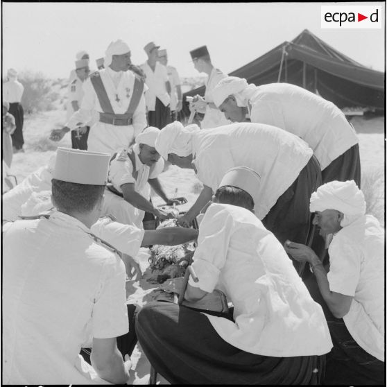 Bir el Adal. Cérémonie de l'échange des montures. Méchoui.