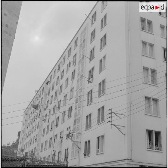 Alger. Climat de France. Des manifestants agitent un drapeau du Front de libération national (FLN) à la fenêtre d'un immeuble.