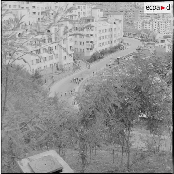 Alger. Climat de France. Un groupe de manifestants avec des drapeaux du Front de libération national (FLN).