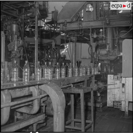 Oran. Les verreries d'Afrique du Nord. Chaîne de fabrication de bouteilles.