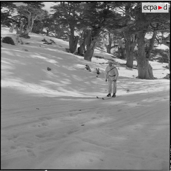 Tikdja. 22e bataillon de chasseurs alpins (BCA). Un chasseur alpin skie dans la montagne.