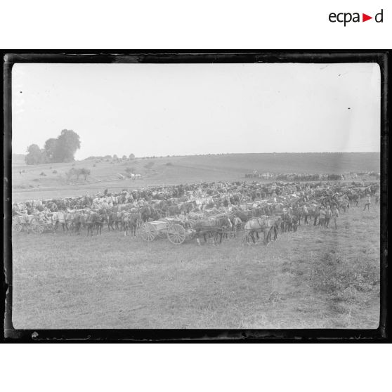 Près Caix. Un centre de ravitaillement d'artillerie (les caissons attelés attendent la tombée du jour pour gagner les batteries). [légende d'origine]