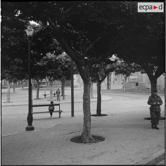 Oran. Grève générale à l'appel de l'Organisation armée secrète (OAS). Une patrouille dans une rue.