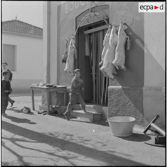 Fondouk. Des enfants devant une boucherie.