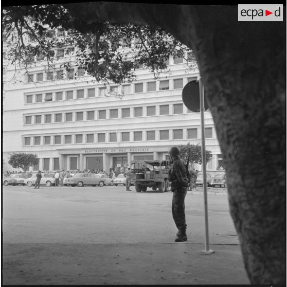 Bouclage du centre d'Oran. Une foule devant un bâtiment "Electricité et gaz d'Algérie".