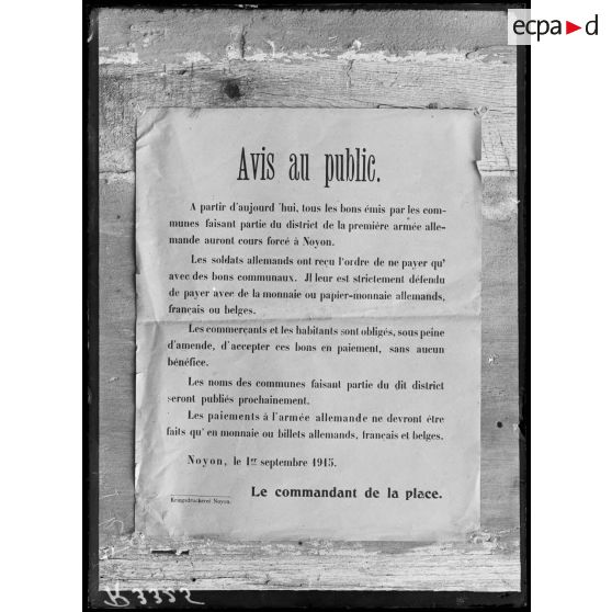 Noyon (Oise). Avis sur le cours forcé des bons communaux. [légende d'origine]