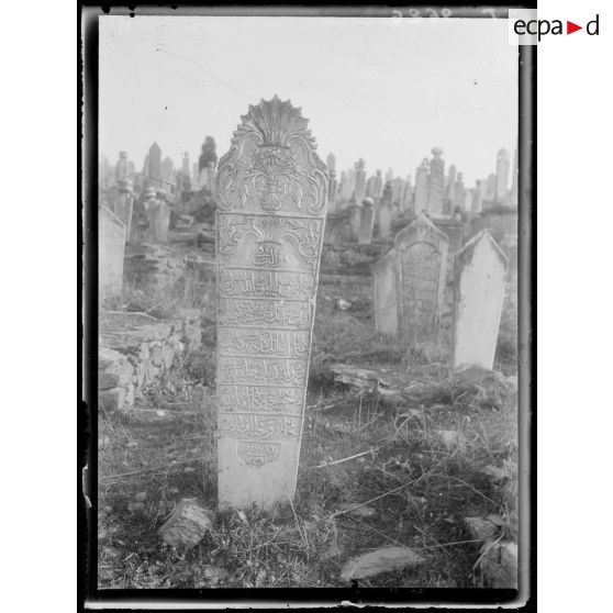 [Cimetière turc de Salonique. Gros plan de stèle sculptée.]