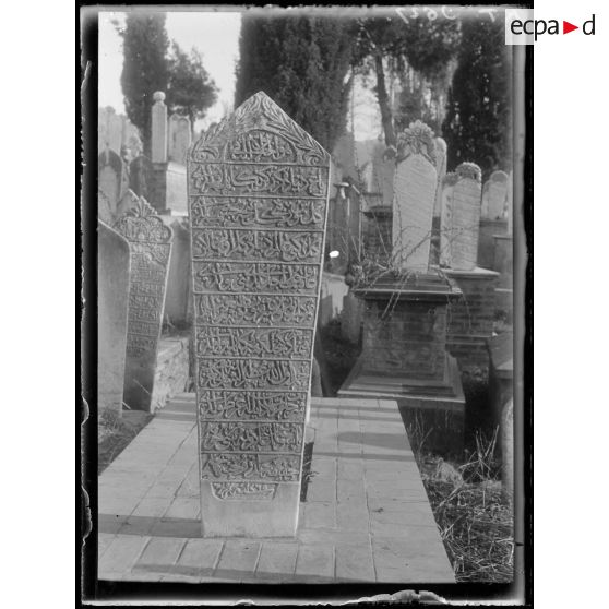 [Cimetière turc de Salonique. Gros plan de stèle sculptée.]