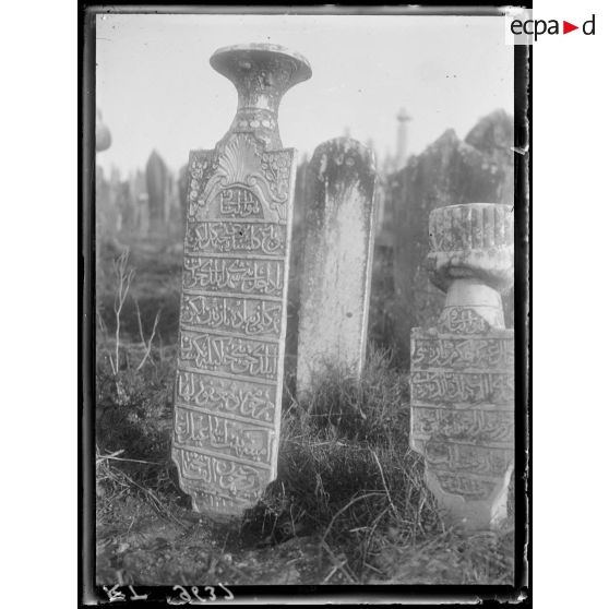 [Cimetière turc de Salonique. Gros plan de stèles sculptées et gravées.]