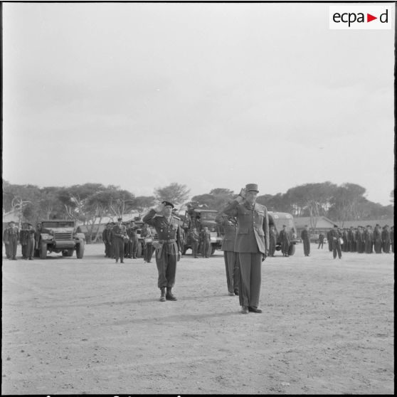 Algérie. Cérémonie militaire. Les autorités militaires saluent pendant la cérémonie.