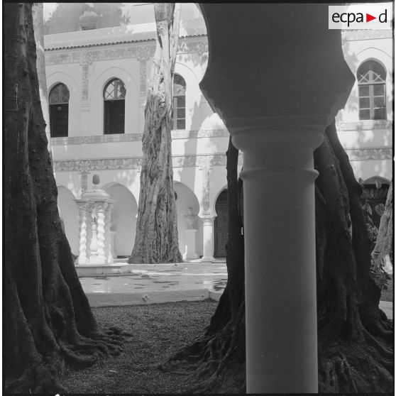 Alger. Mess [cantine] du square Bresson. Fontaine et arbres dans la cour intérieure.