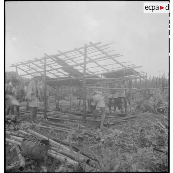 15 Les hommes du 4e BCC construisent en hâte une paillote provisoire, près du village "Brao". [description provisoire]