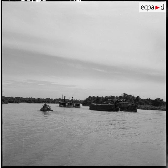 Convoyage de jonques Michelin transportant du caoutchouc sur la rivière de Saigon.