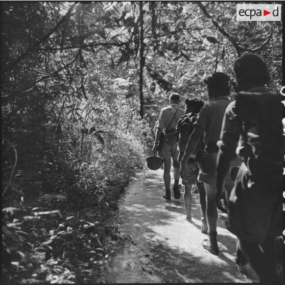 16 Les hommes marchent en colonne dans le bois. [description provisoire]