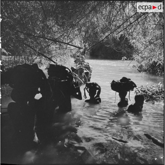15 à 18 Progression des militaires du commando dans un petit cours d'eau, avec de l'eau jusqu'aux aisselles. [description provisoire]