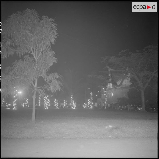 6 Les arbres, les buissons et le fronton de l'enceinte réservée du palais Khémarin sont éclairés d'ampoules multicolores [description provisoire]