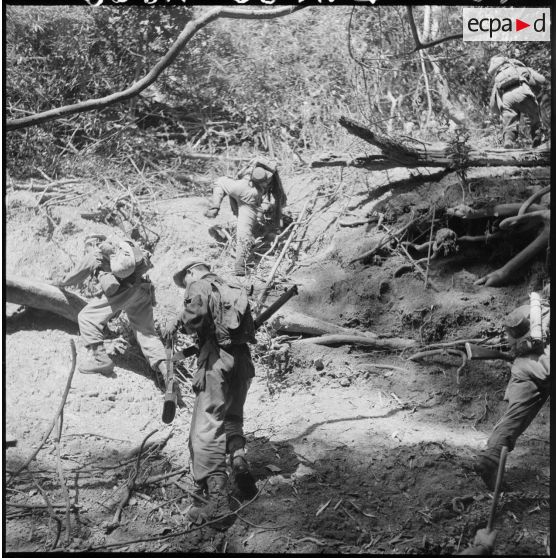 Escalade d'une rive abrupte par des chasseurs du 2e bataillon de chasseurs laotiens (2e BCL) lors d'une reconnaissance.