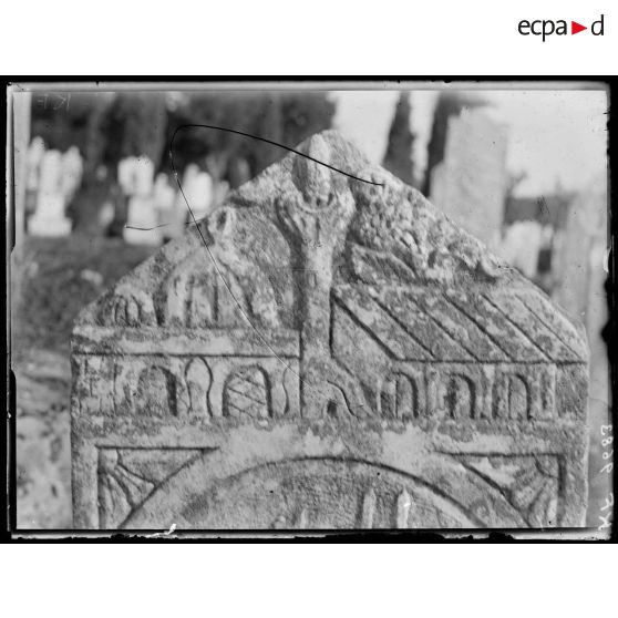 [Cimetière turc de Salonique, en Grèce : gros plan de stèle sculptée : détails.]