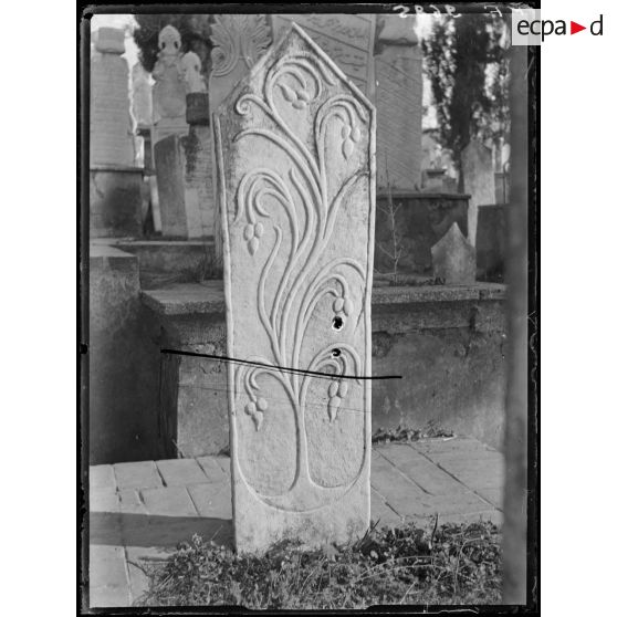 [Cimetière turc de Salonique, en Grèce : gros plan de stèle sculptée.]