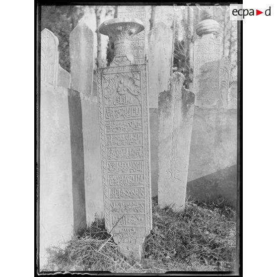 [Cimetière turc de Salonique, en Grèce : stèles gravées et sculptées.]