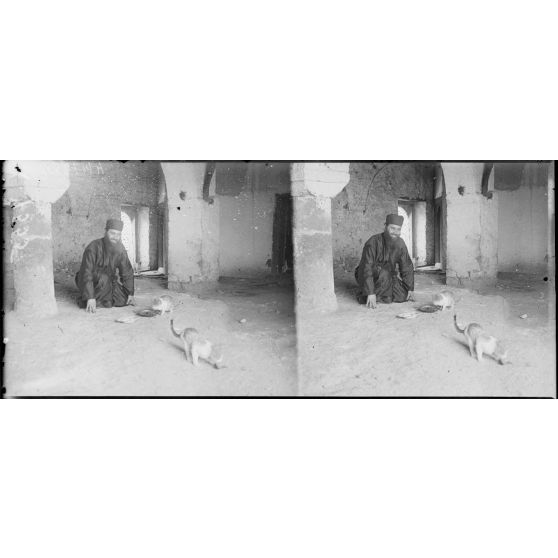 Kalabaka [kalambaka]. Couvent des Météores. Le Père aux chats. [légende d'origine]