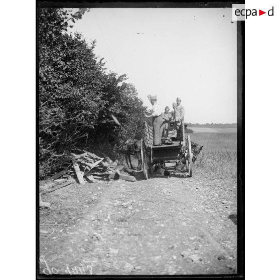 Bois de Blanzey, déchargement de bois pour la construction d'abri. [légende d'origine]